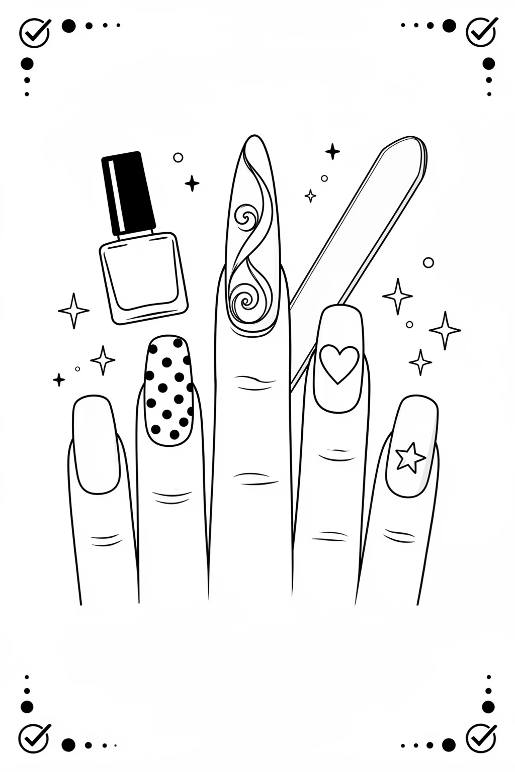 Coloring page showing five decorated fingernails with nail polish, stars, hearts, and manicure-themed designs.