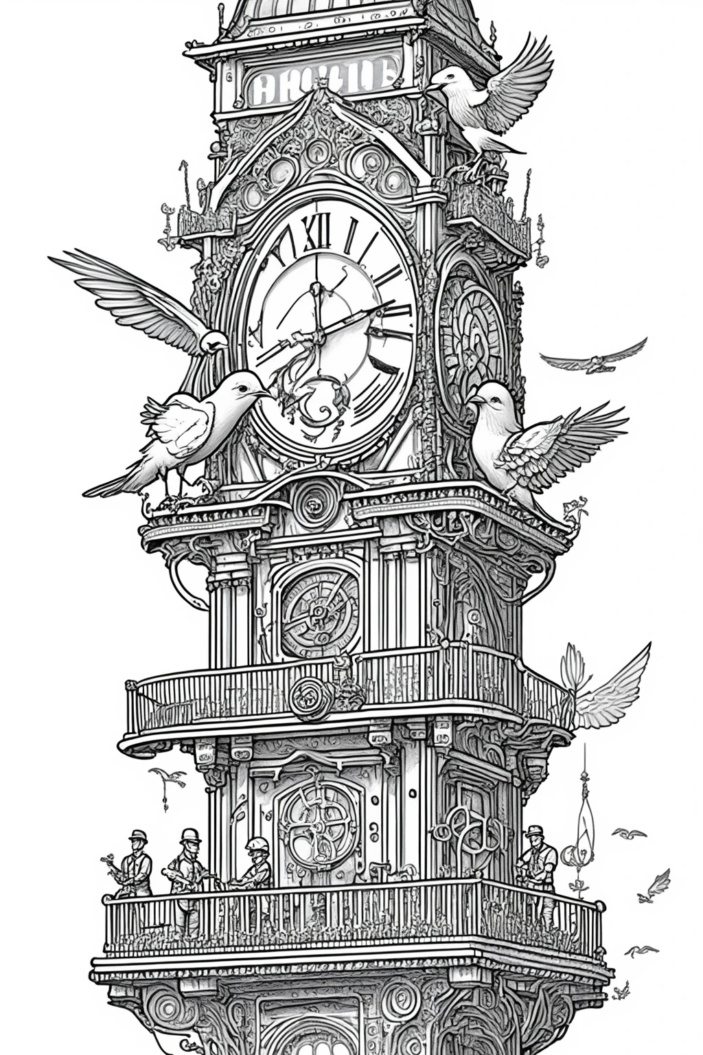 Black and white coloring page of ornate fantasy clock tower with several birds perched around it and flying nearby