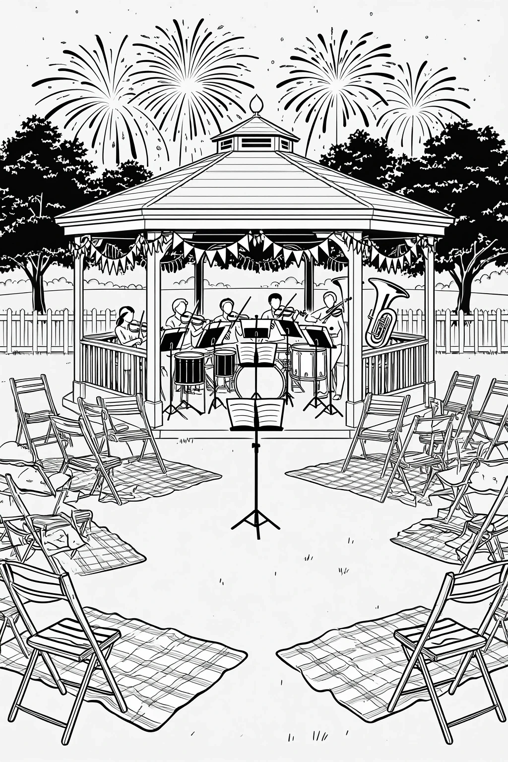 Black and white coloring page of a concert band performing in a gazebo with fireworks in the sky and empty chairs arranged around the scene.