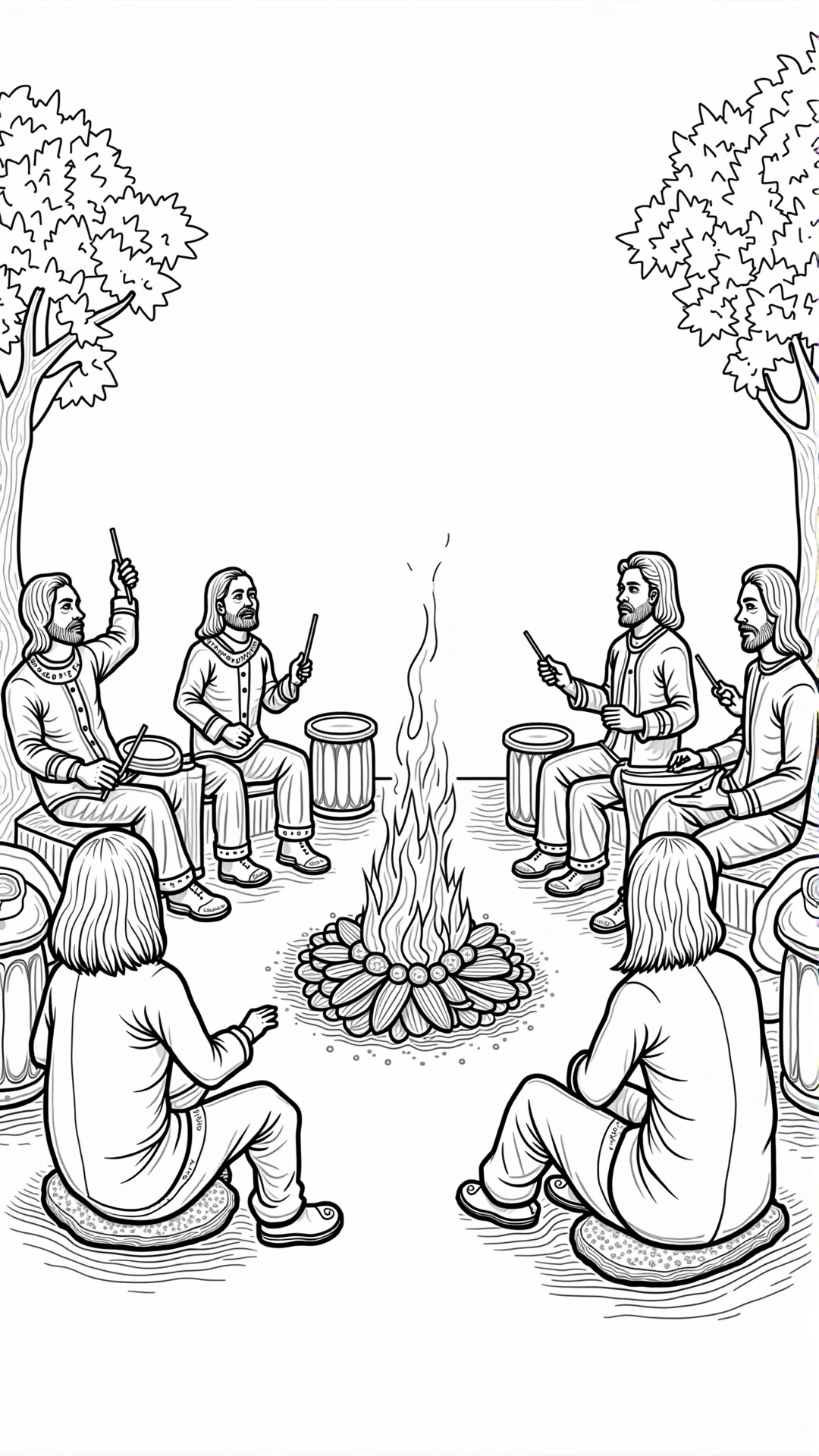 Black and white coloring page of several people sitting in a circle and drumming around a campfire outdoors between trees.