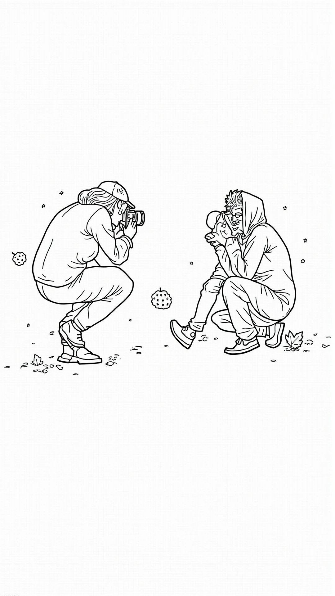 Black and white coloring page of two people crouching outdoors, one taking a photo while the other smiles, with small plants and leaves around them