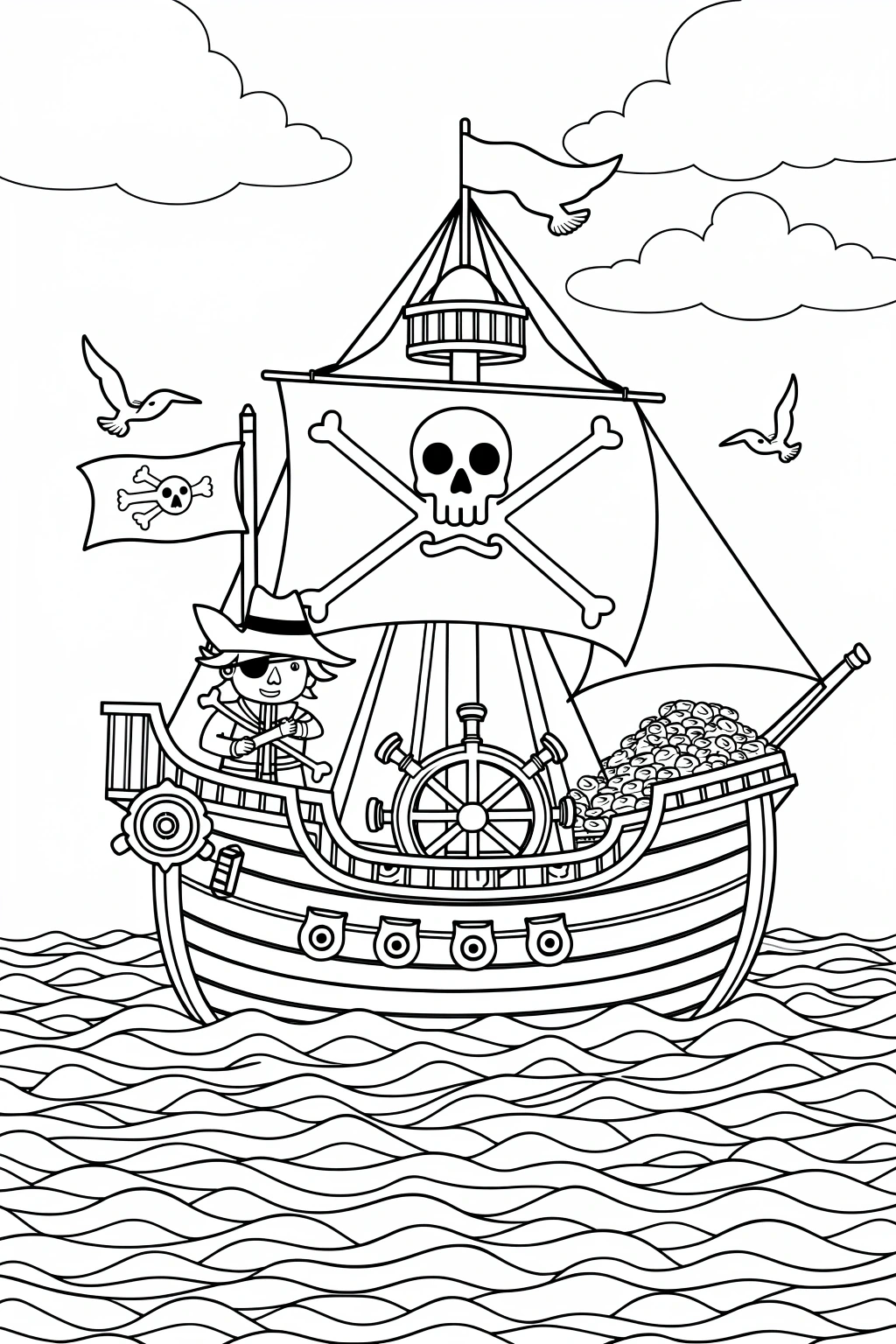Black and white coloring page of pirate ship sailing on wavy ocean water with a skull-and-crossbones sail, pirate flag, birds, and clouds