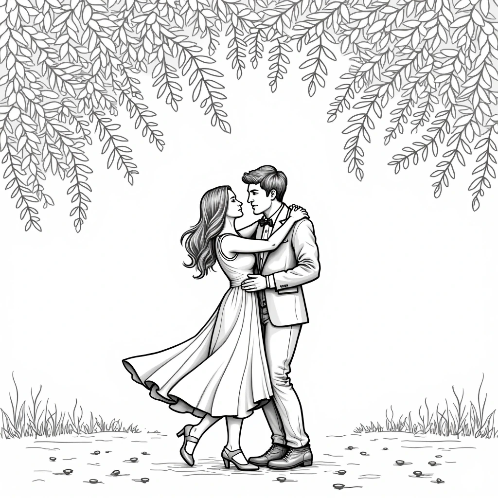 A romantic couple dancing together under hanging leaves in a black-and-white coloring page.