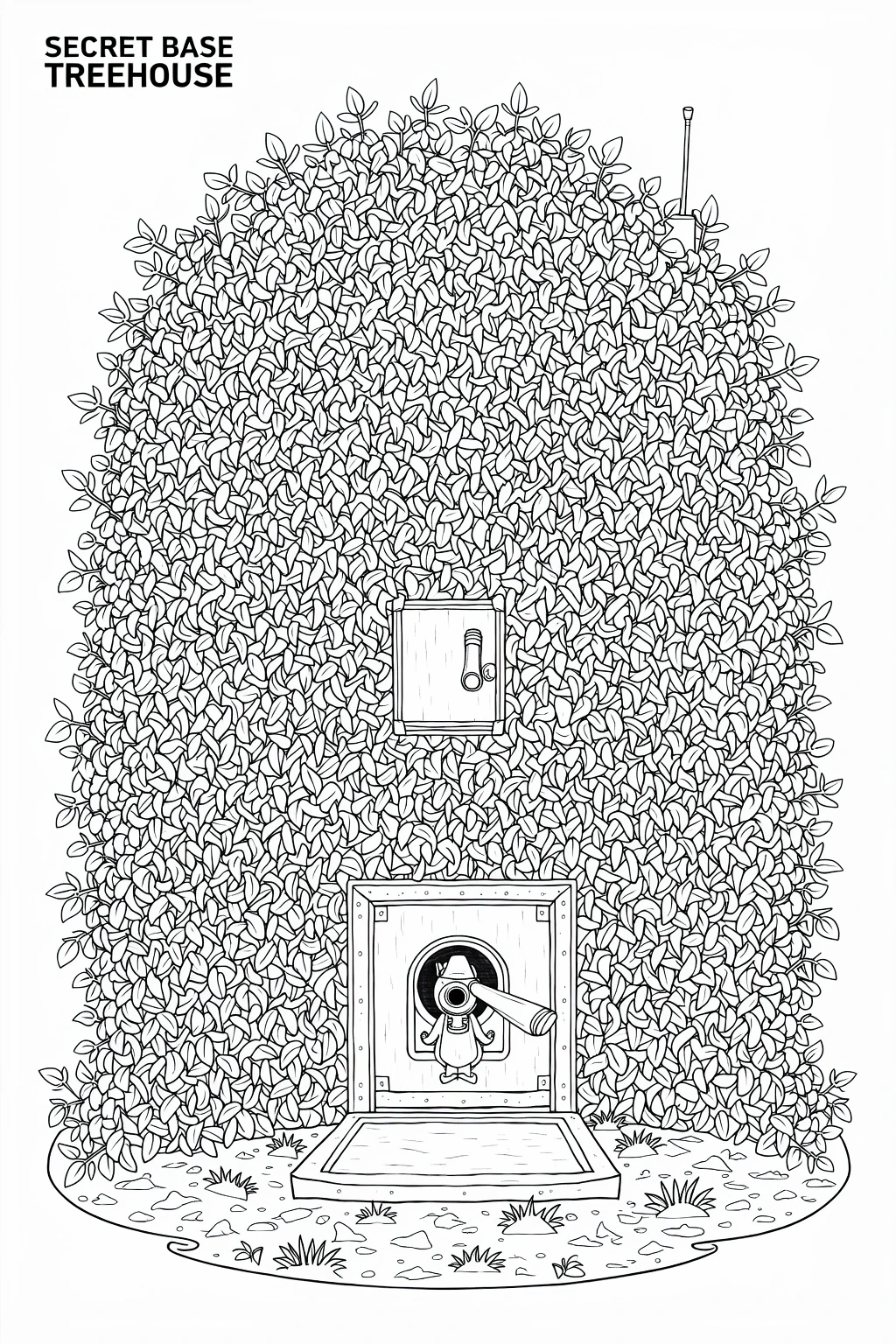 A dense leafy treehouse with a hidden door and a small secret entrance platform, drawn as a detailed black and white coloring page.