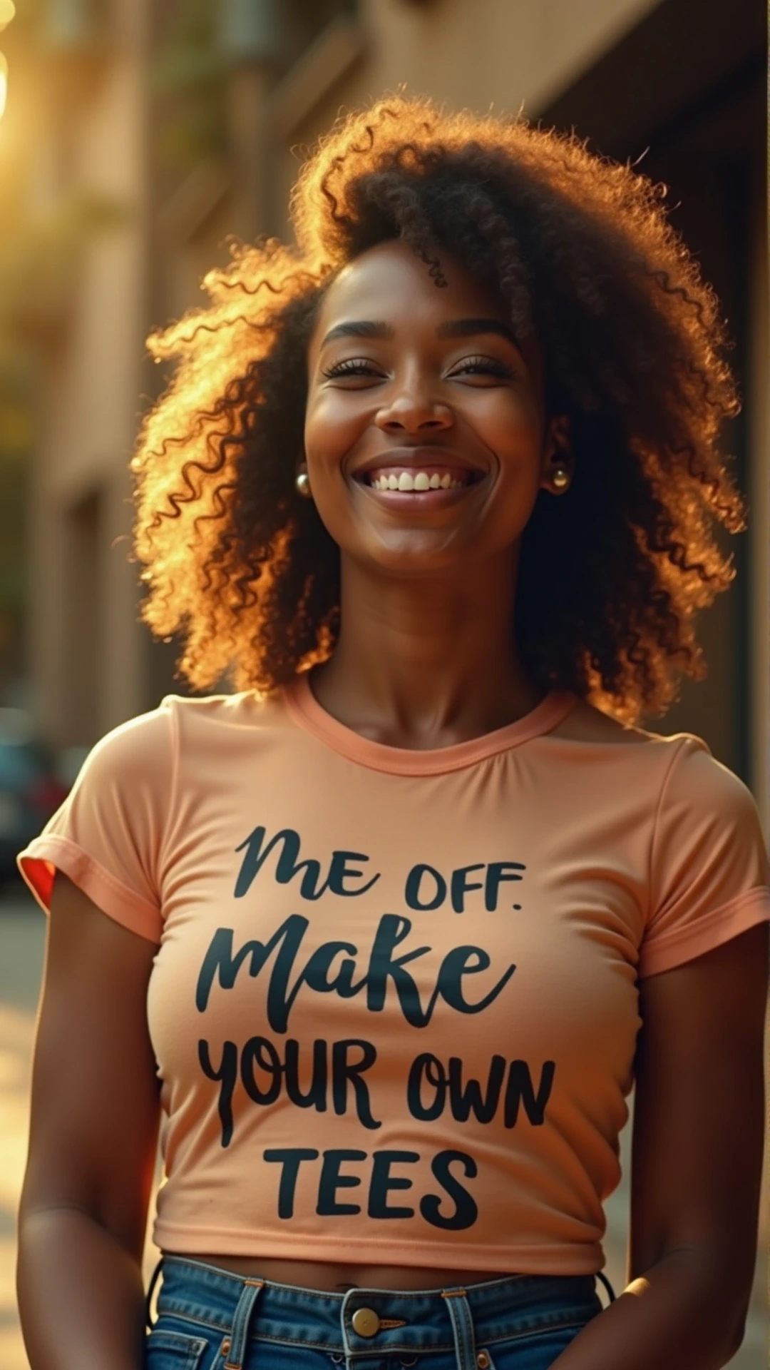 Black and white coloring page of smiling woman with curly hair wearing a graphic t-shirt and jeans