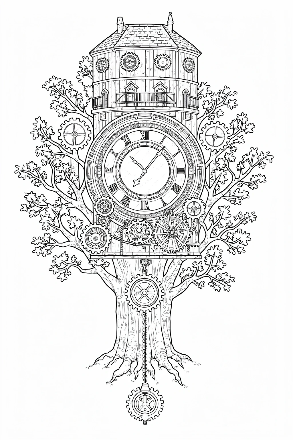 Black and white steampunk clock tree illustration with a large round clock face, gears, mechanical details, and leafy branches, designed as detailed coloring page for a printable coloring page and
