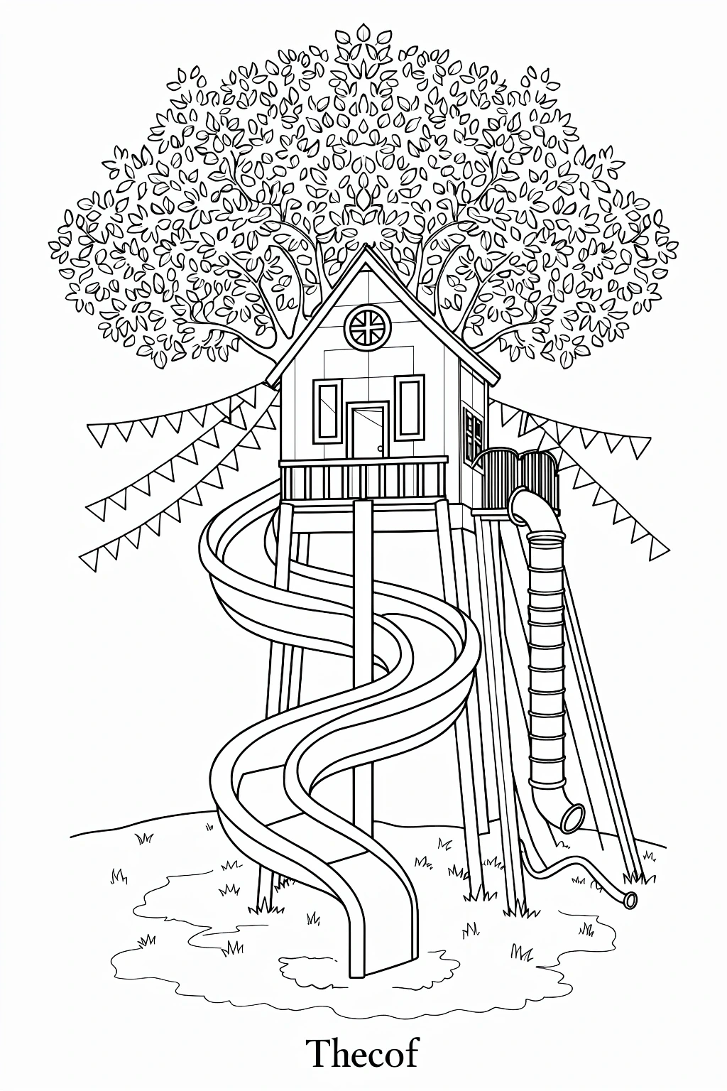 Black and white coloring page of treehouse playground with a winding slide, a straight slide, and bunting flags hanging between large leafy trees