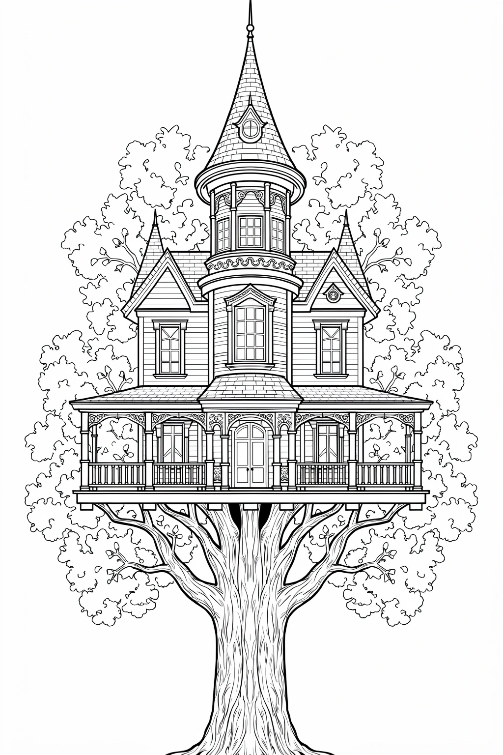 Black and white coloring page of intricate Victorian-style treehouse mansion built around a large tree, with a tall turret, wraparound porch, and ornate architectural details