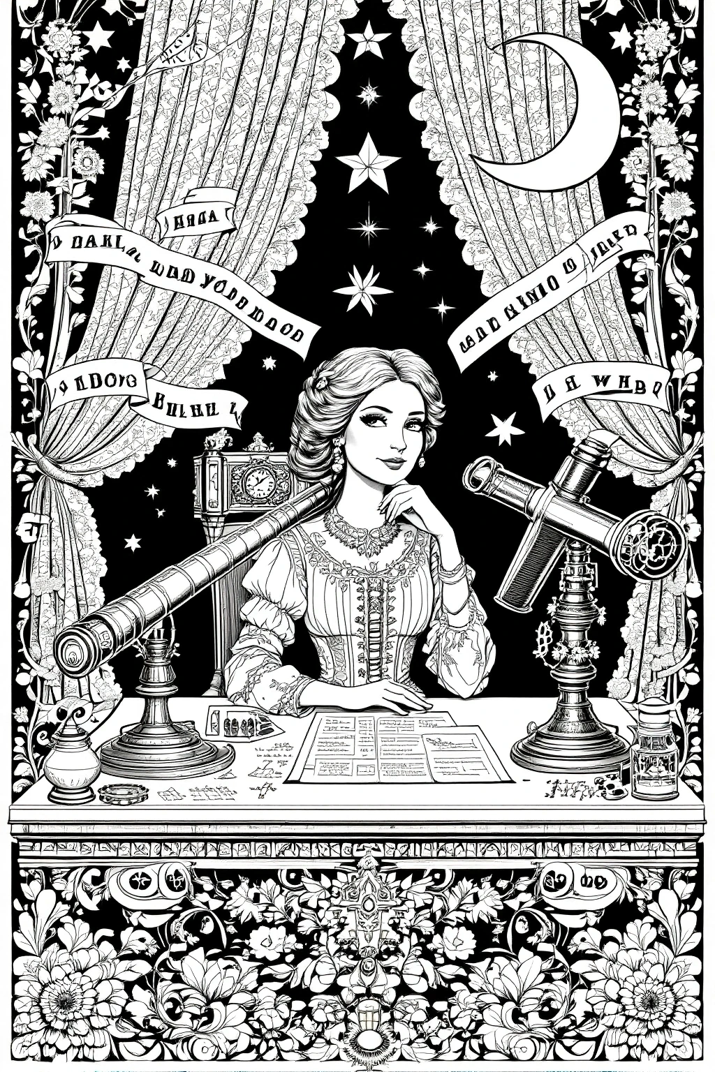 Intricate coloring page of a woman seated at a decorated desk with telescopes, stars, a crescent moon, and floral curtains in a vintage-style night scene.