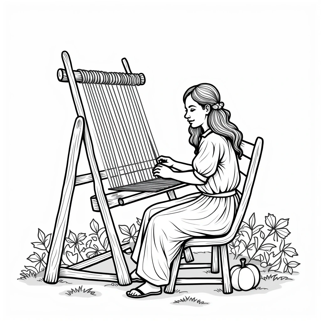 Black and white coloring page of woman sitting at a loom and weaving fabric, with plants around her