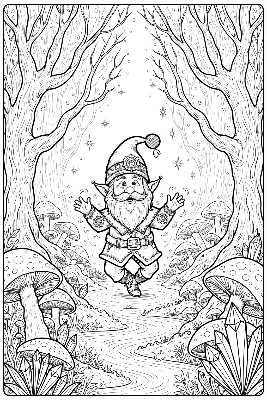 Black and white coloring page of smiling garden gnome standing in a whimsical forest with mushrooms, crystals, trees, and stars