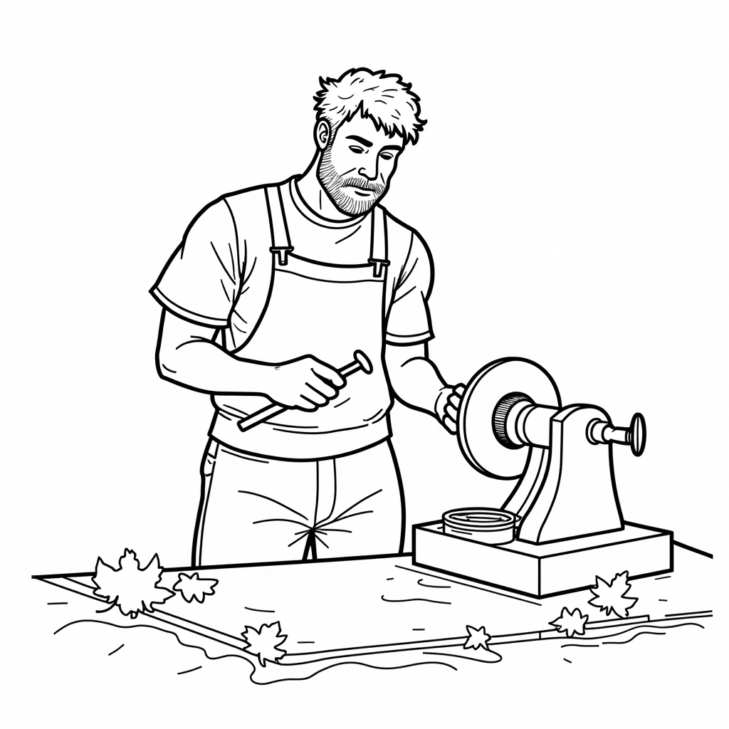 Black and white coloring page of woodworker wearing an apron stands at a lathe and uses a tool while working on a wooden project