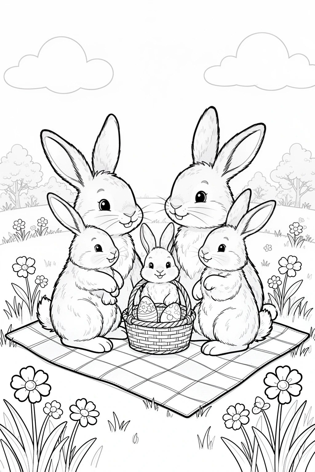 Free printable bunny family picnic coloring page with spring grass, blankets, and a sweet outdoor family scene for Easter-season coloring.