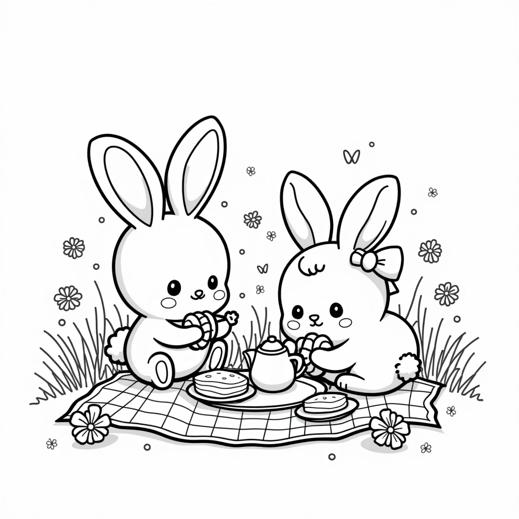 Black and white coloring page of two cute rabbits sitting on a picnic blanket with tea and snacks, surrounded by flowers and grass