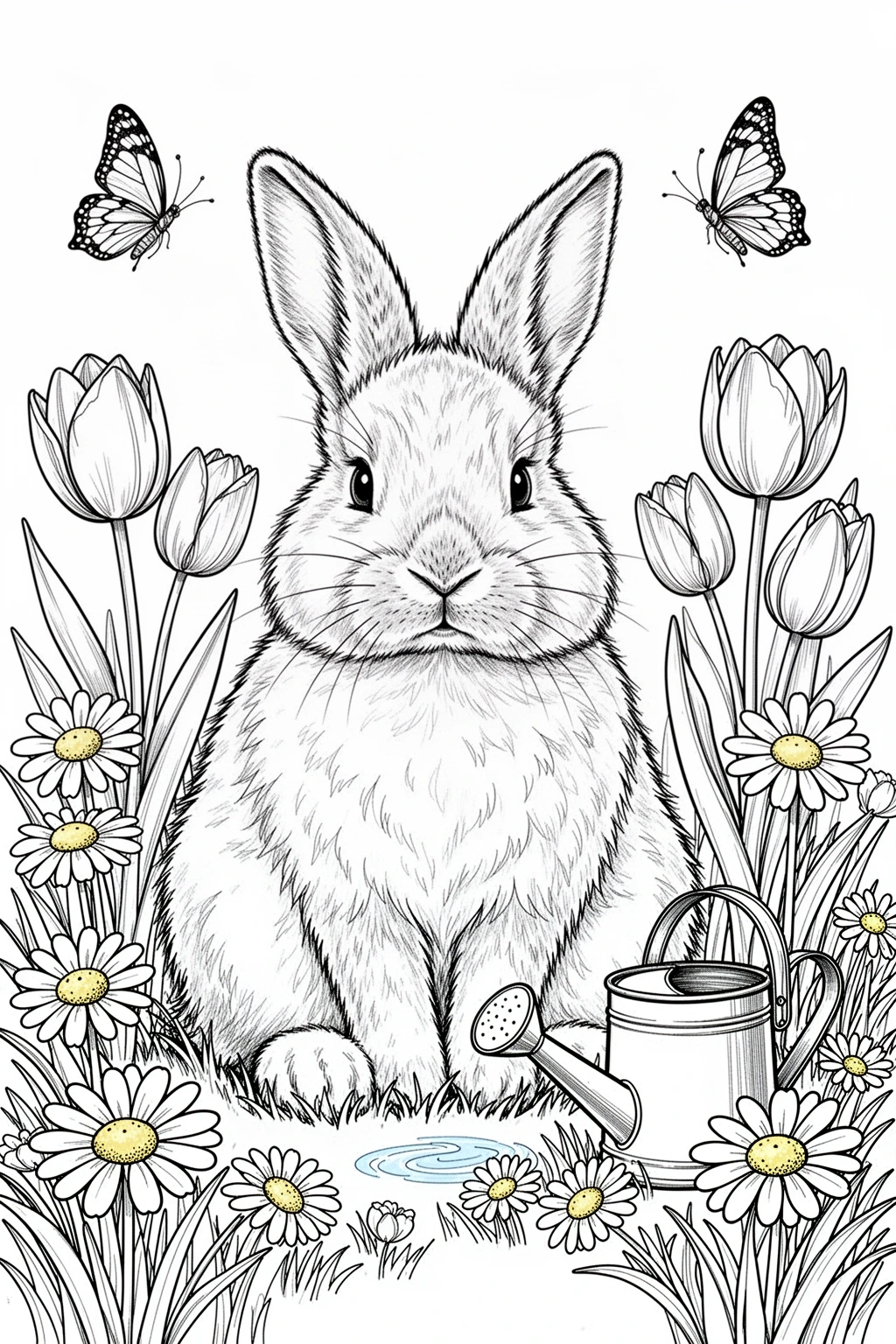 Bunny in a spring garden with tulips and daisies coloring page.