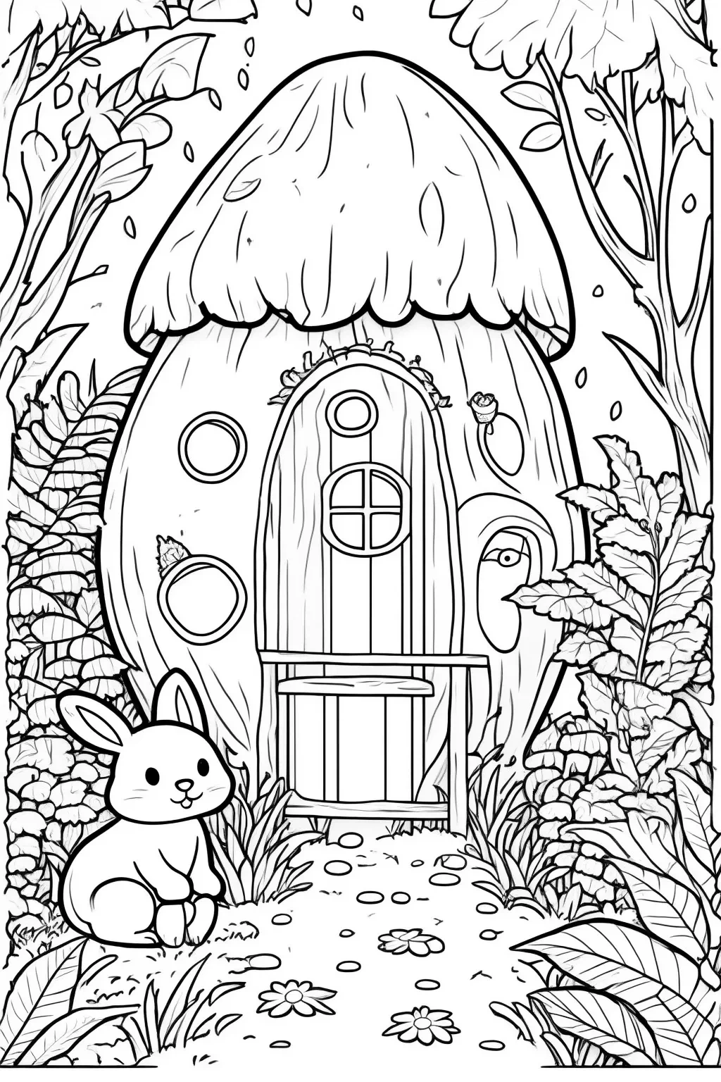 Free Mushroom Fairy House & Bunny Coloring Page printable black and white coloring sheet.