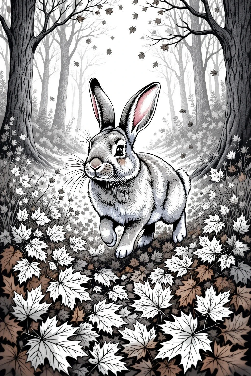 Black-and-white autumn rabbit line art in a forest among falling leaves detailed coloring page, kids' coloring page, printable coloring page, coloring sheets for fall and animal themes.