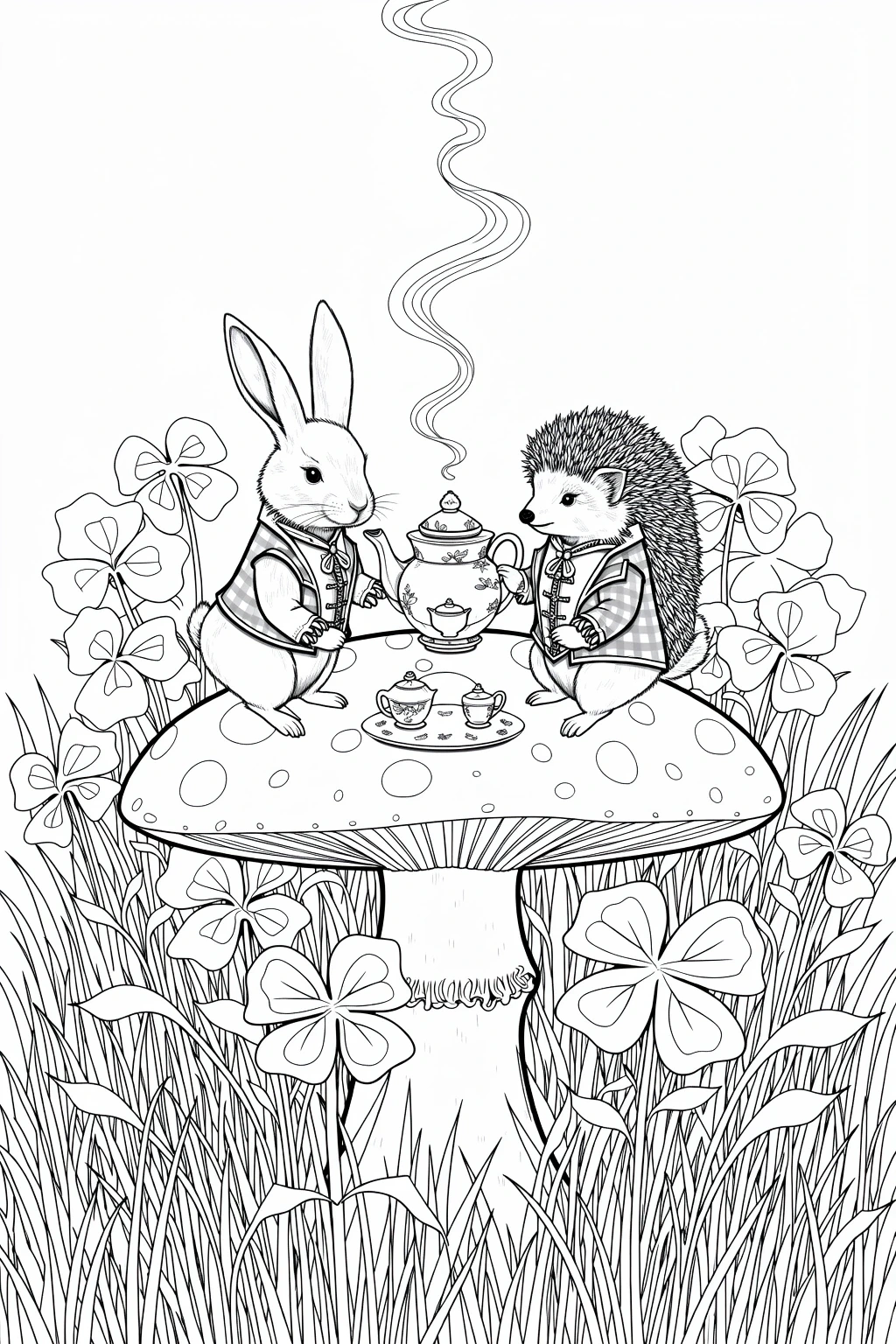 Black-and-white detailed coloring page showing an animal tea party: a rabbit and a hedgehog sitting on a mushroom with teapot and cups surrounded by clover and grass. Ideal kids' coloring page
