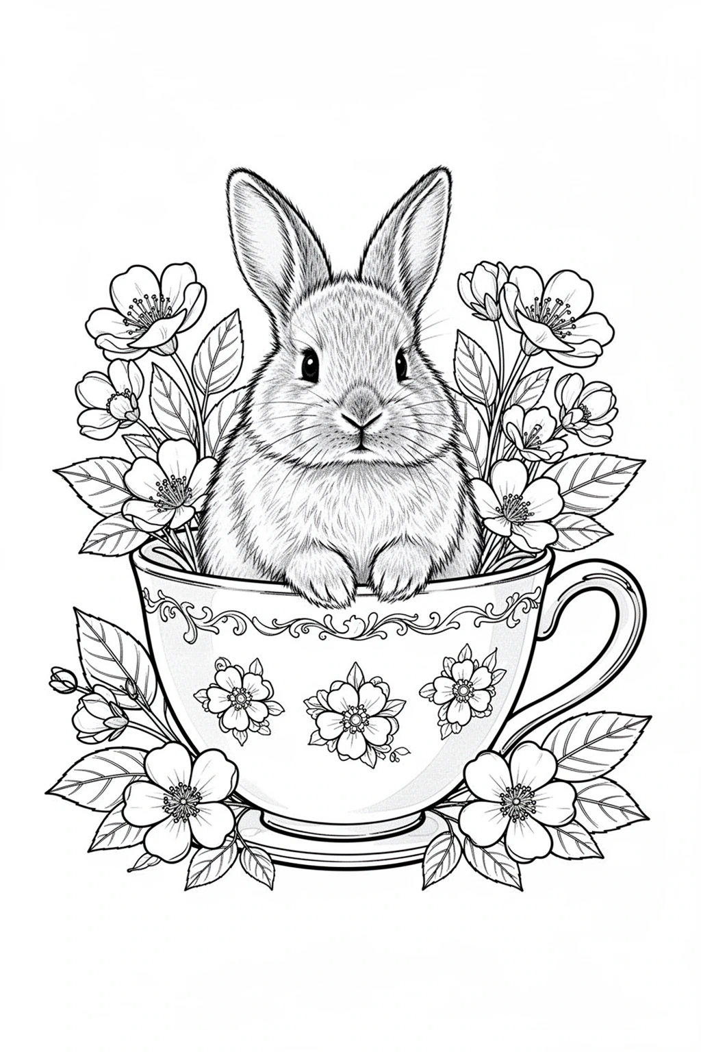 Black-and-white coloring page of bunny teacup garden coloring page.