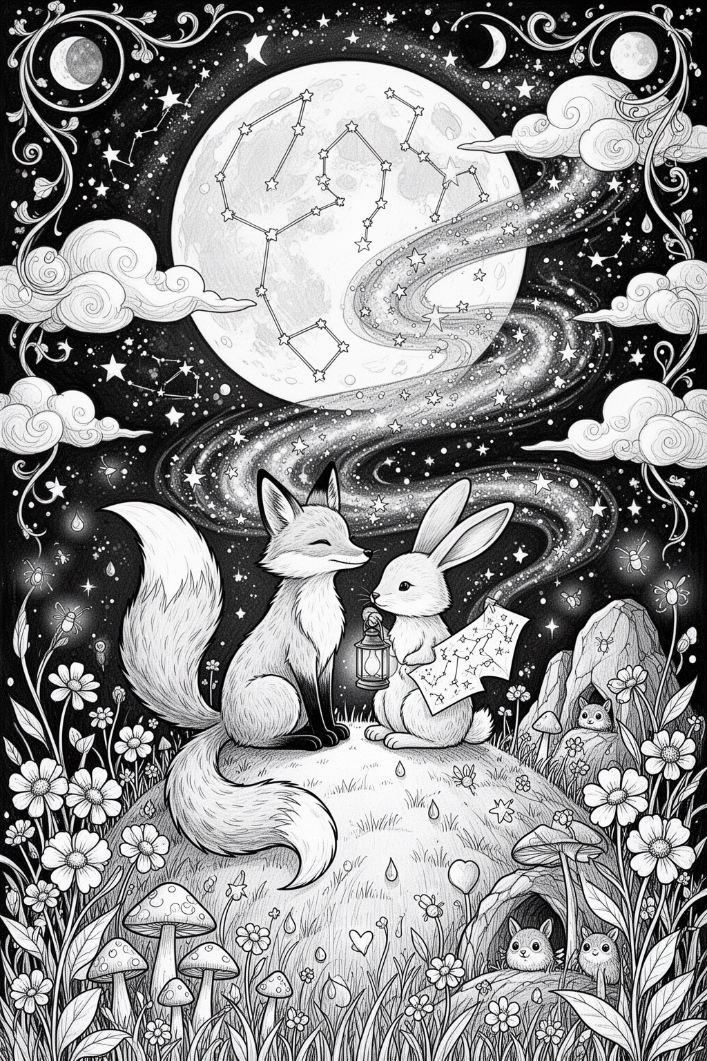 Moonlit Fox & Rabbit coloring page.