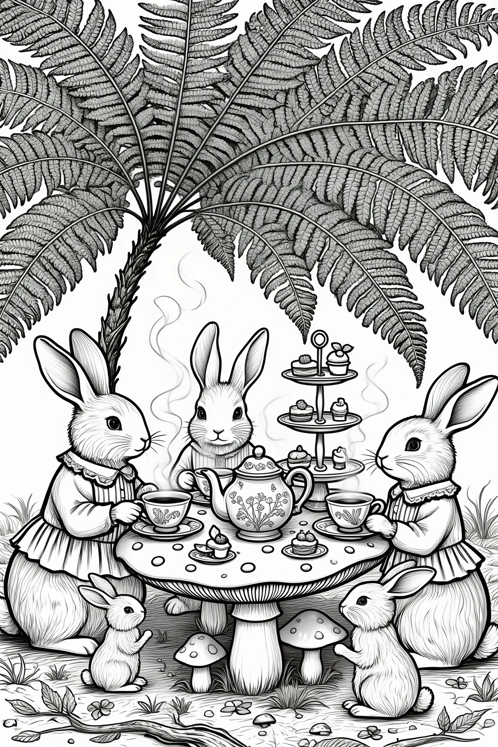 Black-and-white detailed coloring page of rabbits having a tea party under a large fern, with teacups, treats, mushrooms, and a whimsical spring woodland setting. Perfect printable coloring page for
