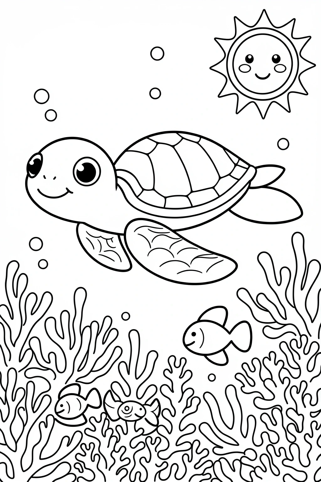 Black and white coloring page of cute cartoon sea turtle swimming underwater with coral, small fish, bubbles, and a smiling sun