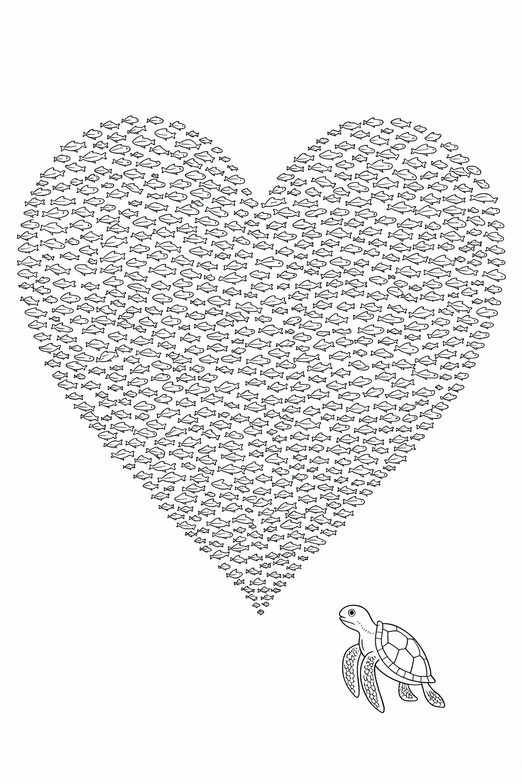 Black and white printable coloring page showing a large heart shape made of many small fish, with a cute sea turtle below it on a white background.
