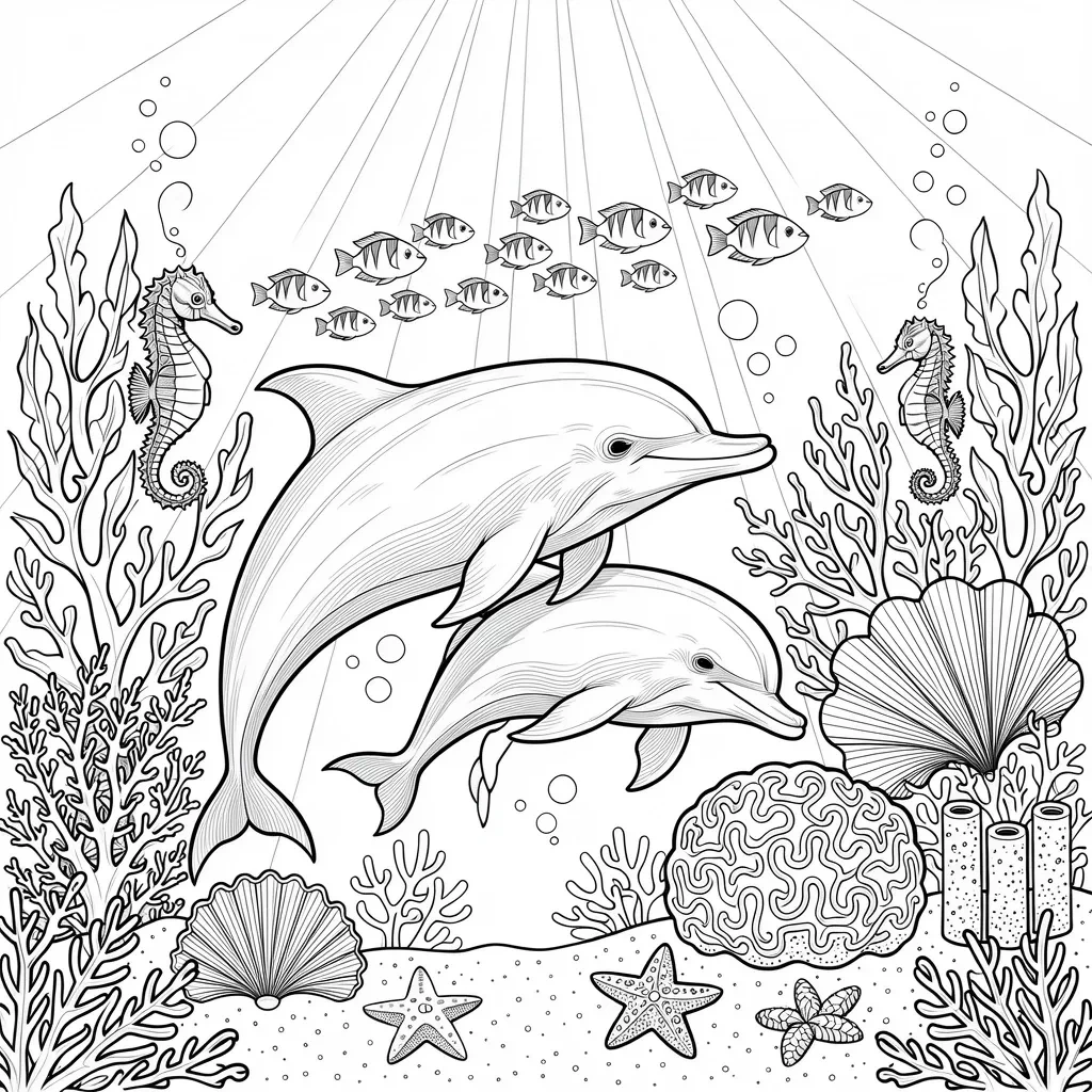 Free Playful Dolphins Under The Sea Coloring Page printable black and white coloring sheet.