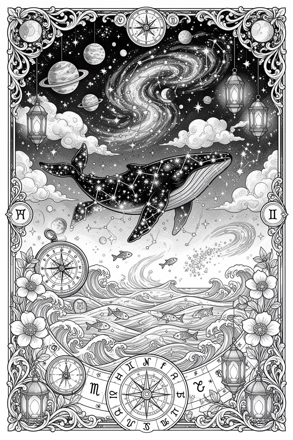 Star-Drift Leviathan | Celestial Whale coloring page.
