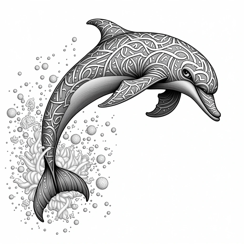 Intricate black-and-white dolphin coloring page with mandala-style patterns detailed coloring page, kids' coloring page, printable coloring page, coloring sheets, animal mandala.
