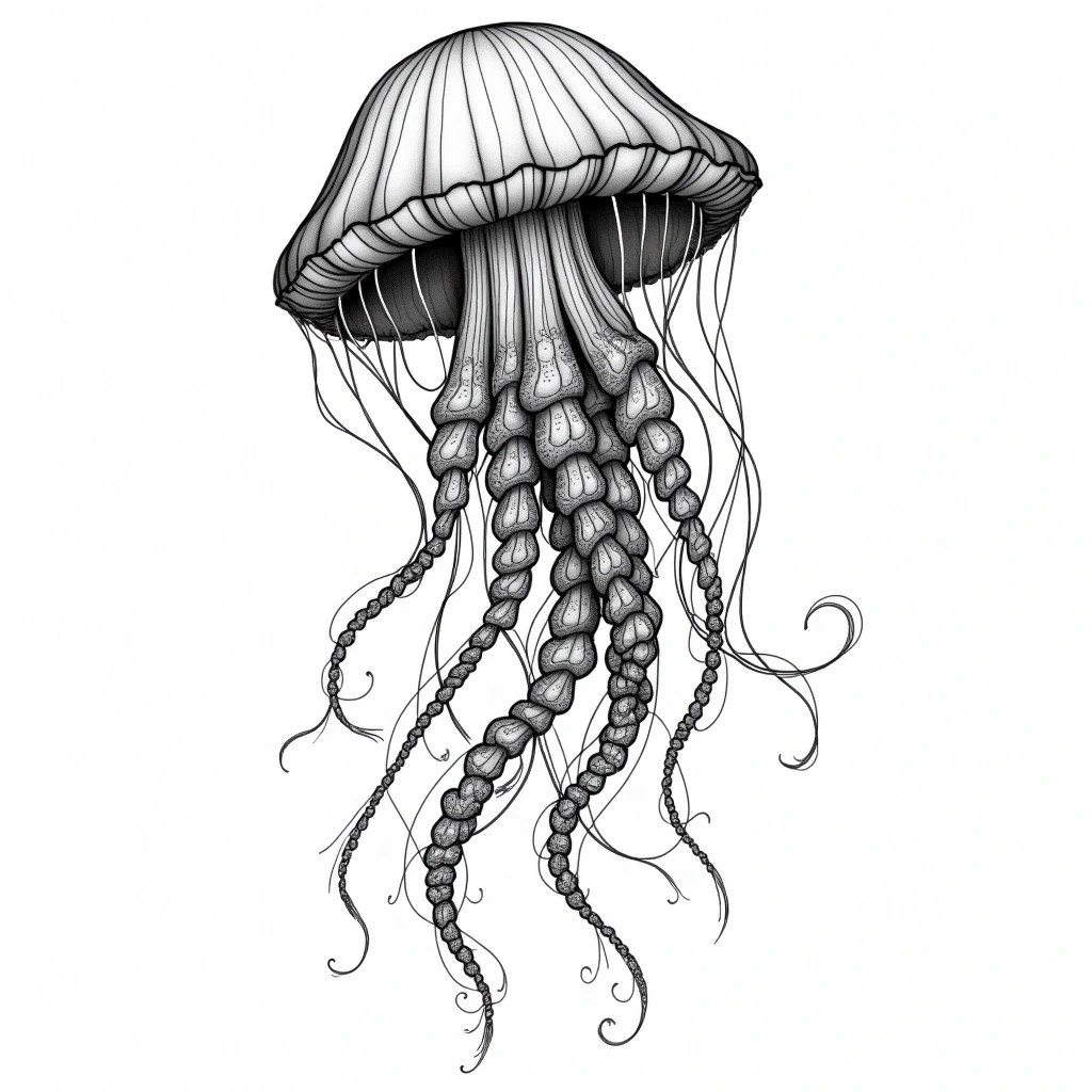 Intricate jellyfish line art a detailed coloring page ideal for kids' coloring page, adult detailed coloring page, printable coloring page and coloring sheets; black-and-white ocean animal drawing