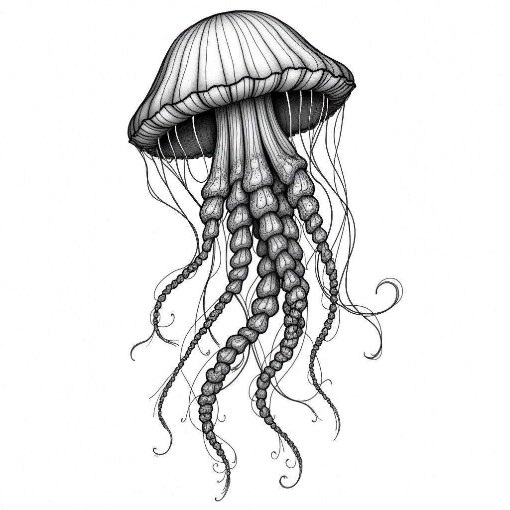 Black and white detailed jellyfish line art for printable coloring page, perfect detailed coloring page, kids' coloring page, and coloring sheets with intricate tentacles and mandala-like textures.