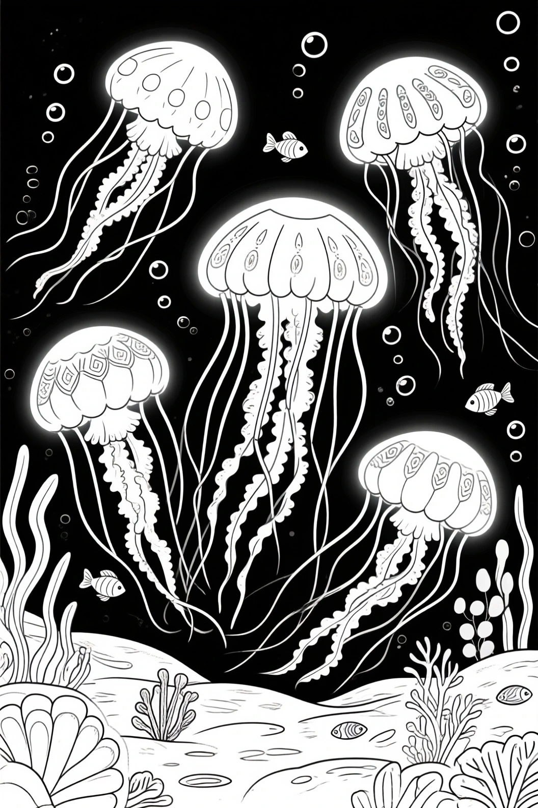 Black-and-white jellyfish scene for coloring detailed coloring page, kids' coloring page, printable coloring page and coloring sheets featuring ocean animals and mandala-style patterns.
