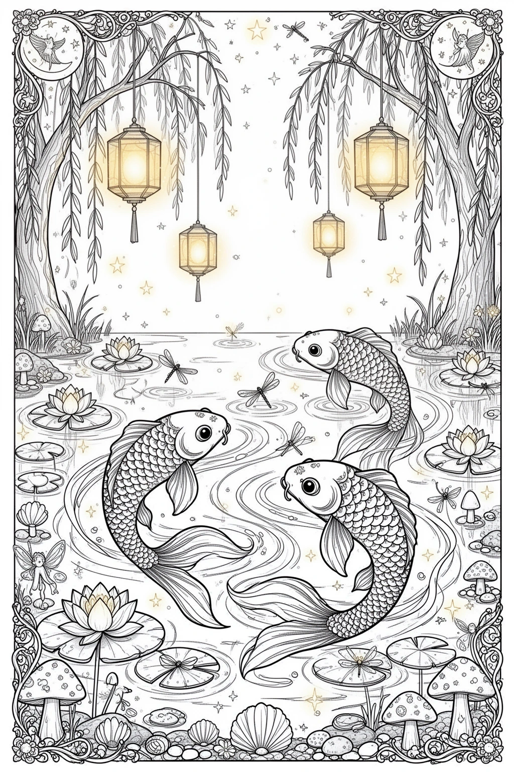 Moonlit Koi Dreams coloring page.