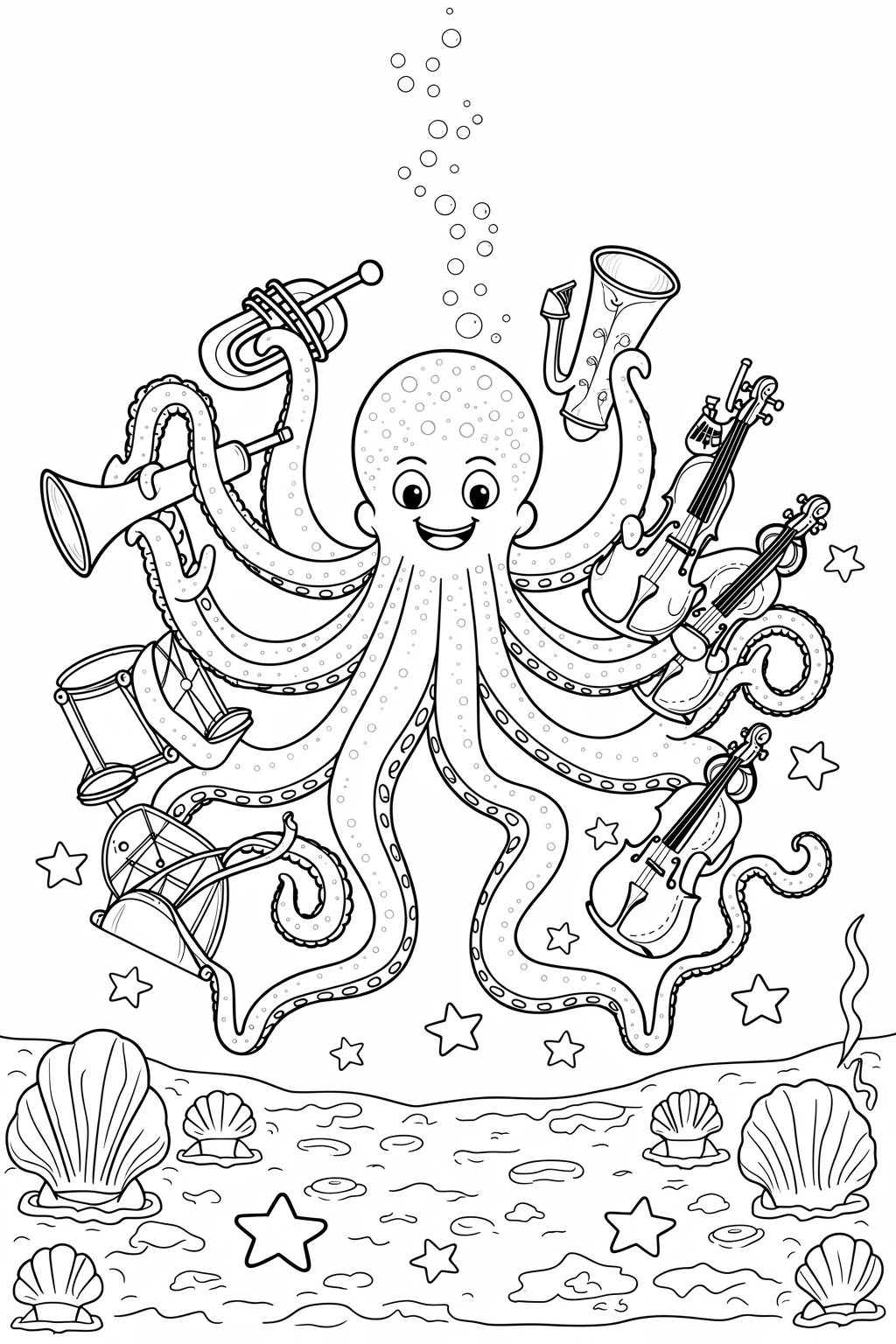 Black and white coloring page of a smiling octopus playing multiple musical instruments underwater, surrounded by bubbles, stars, and seashells.