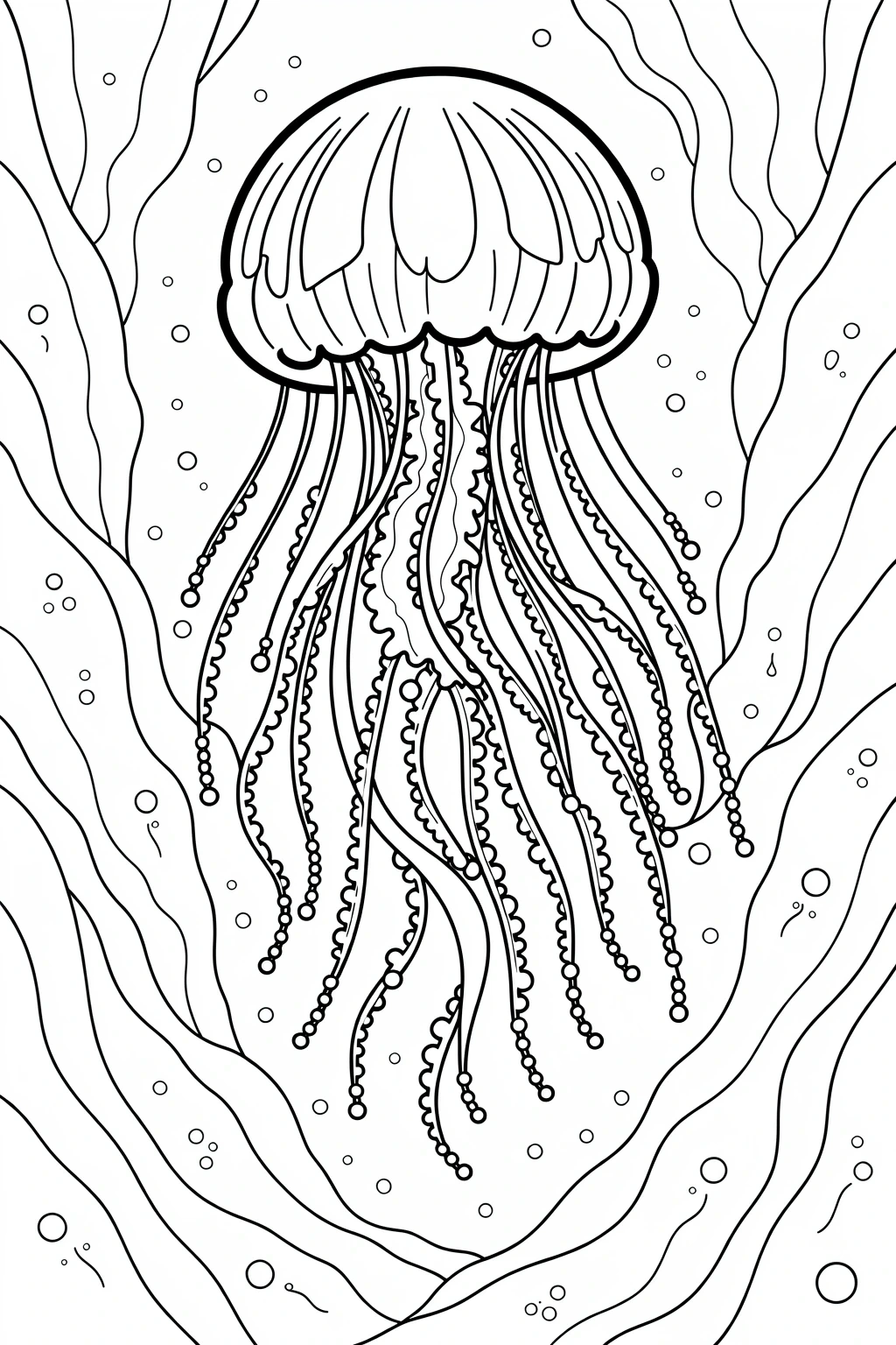 Black and white jellyfish coloring page with flowing tentacles detailed coloring page, kids' coloring page, printable coloring page and coloring sheets ready to print.