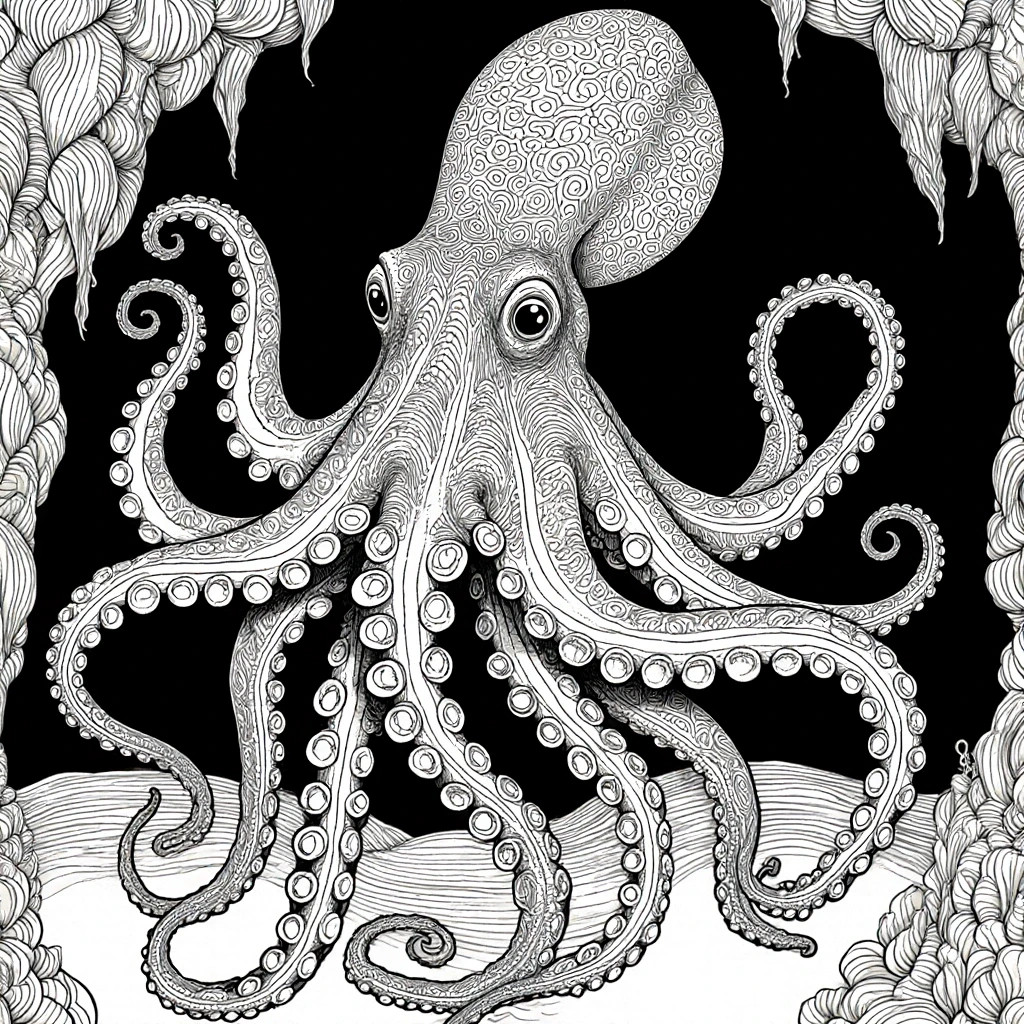 Black-and-white intricate octopus line art featuring swirling tentacles and patterned details perfect for detailed coloring page, kids' coloring page, printable coloring page and coloring sheets