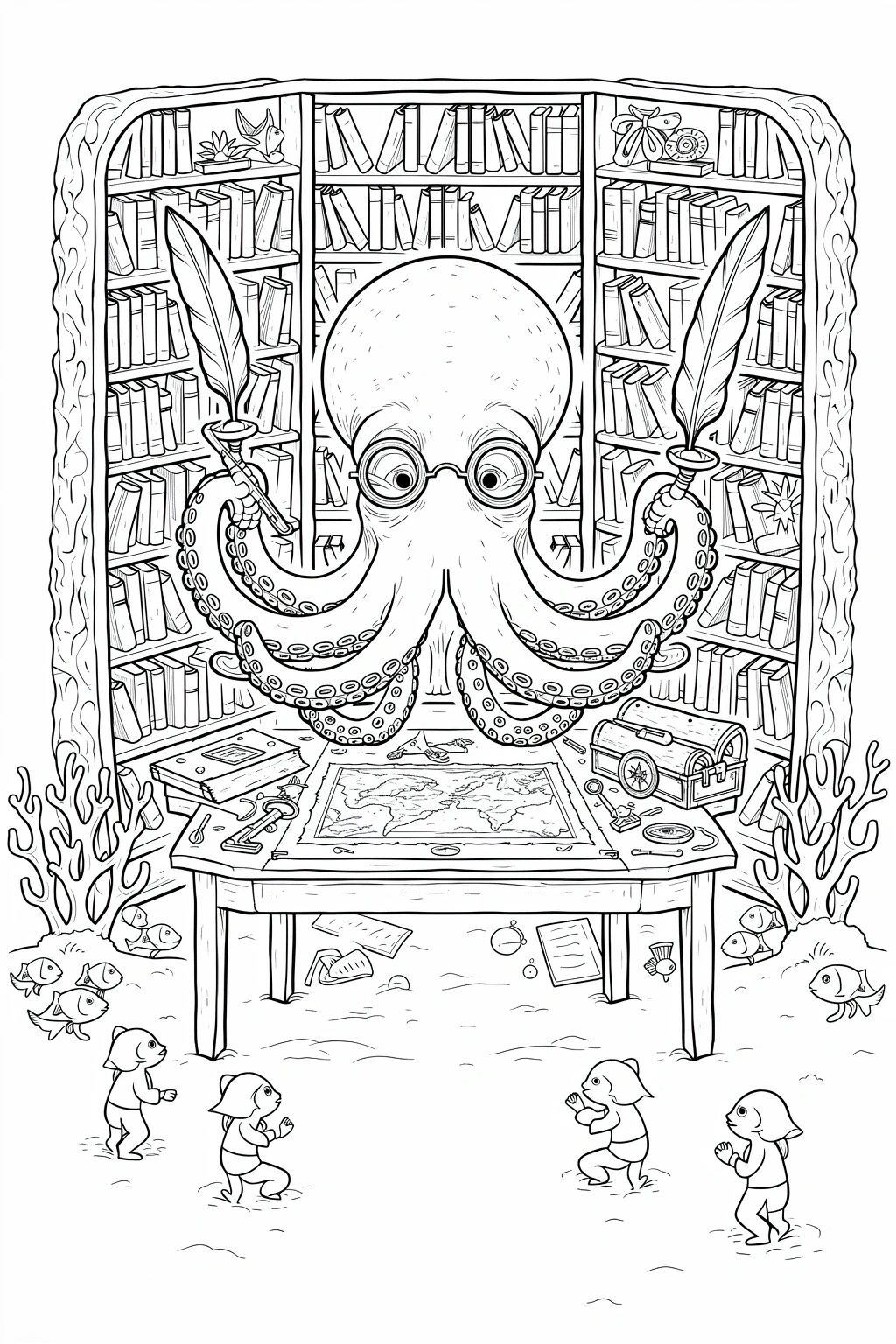 Line art of an octopus librarian in an underwater library surrounded by books, maps and tiny sea-people perfect detailed coloring page, kids' coloring page, printable coloring page and coloring
