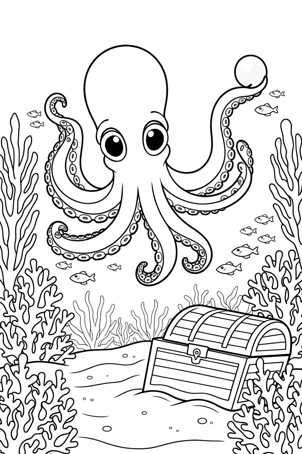 Black-and-white octopus coloring page with treasure chest, coral, and small fish printable coloring sheet ideal for detailed coloring page, kids' coloring page, and a printable coloring page.