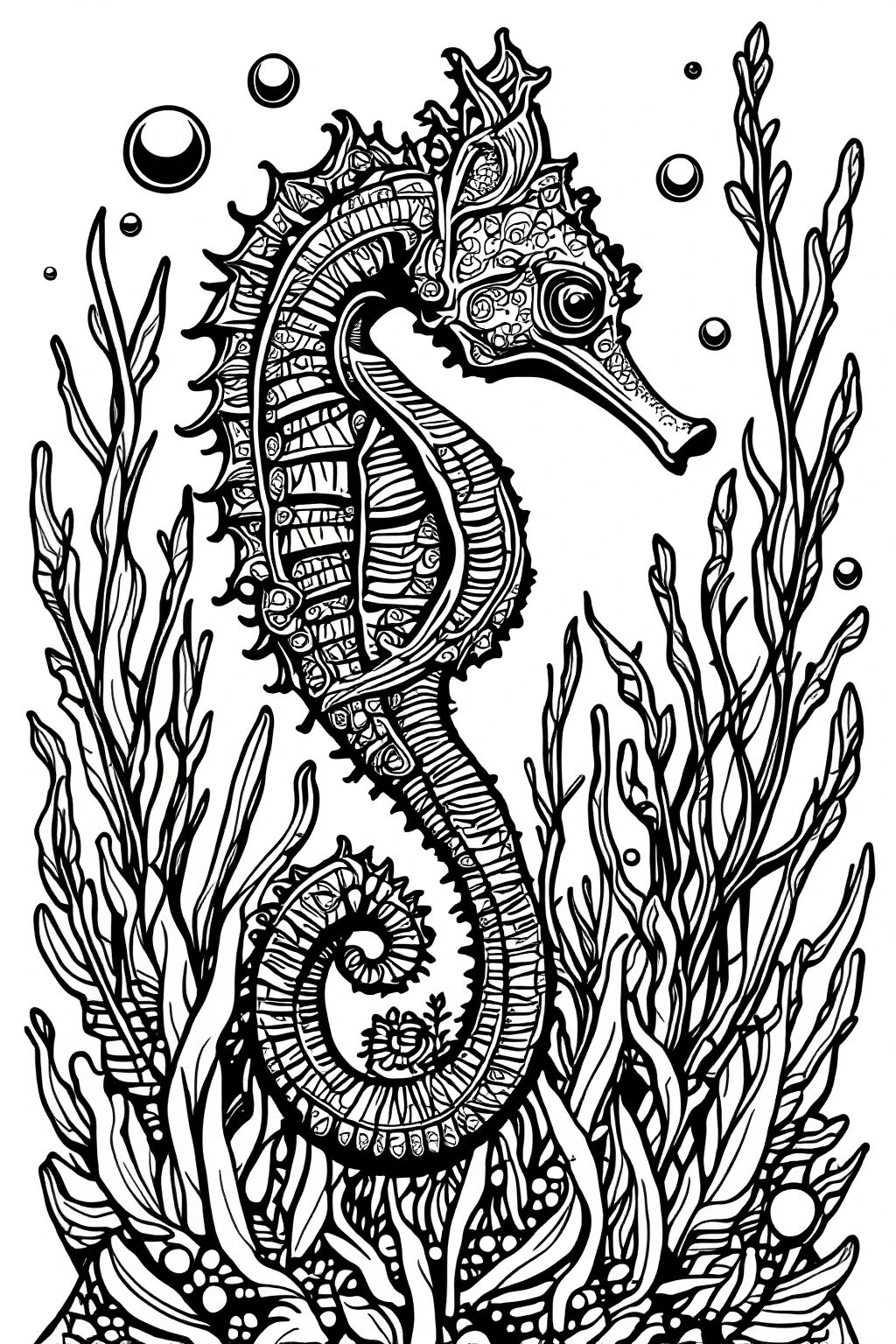 Black and white seahorse coloring page with intricate mandala-style patterns, seaweed and bubbles detailed coloring page, kids' coloring page, printable coloring page and coloring sheets for animal