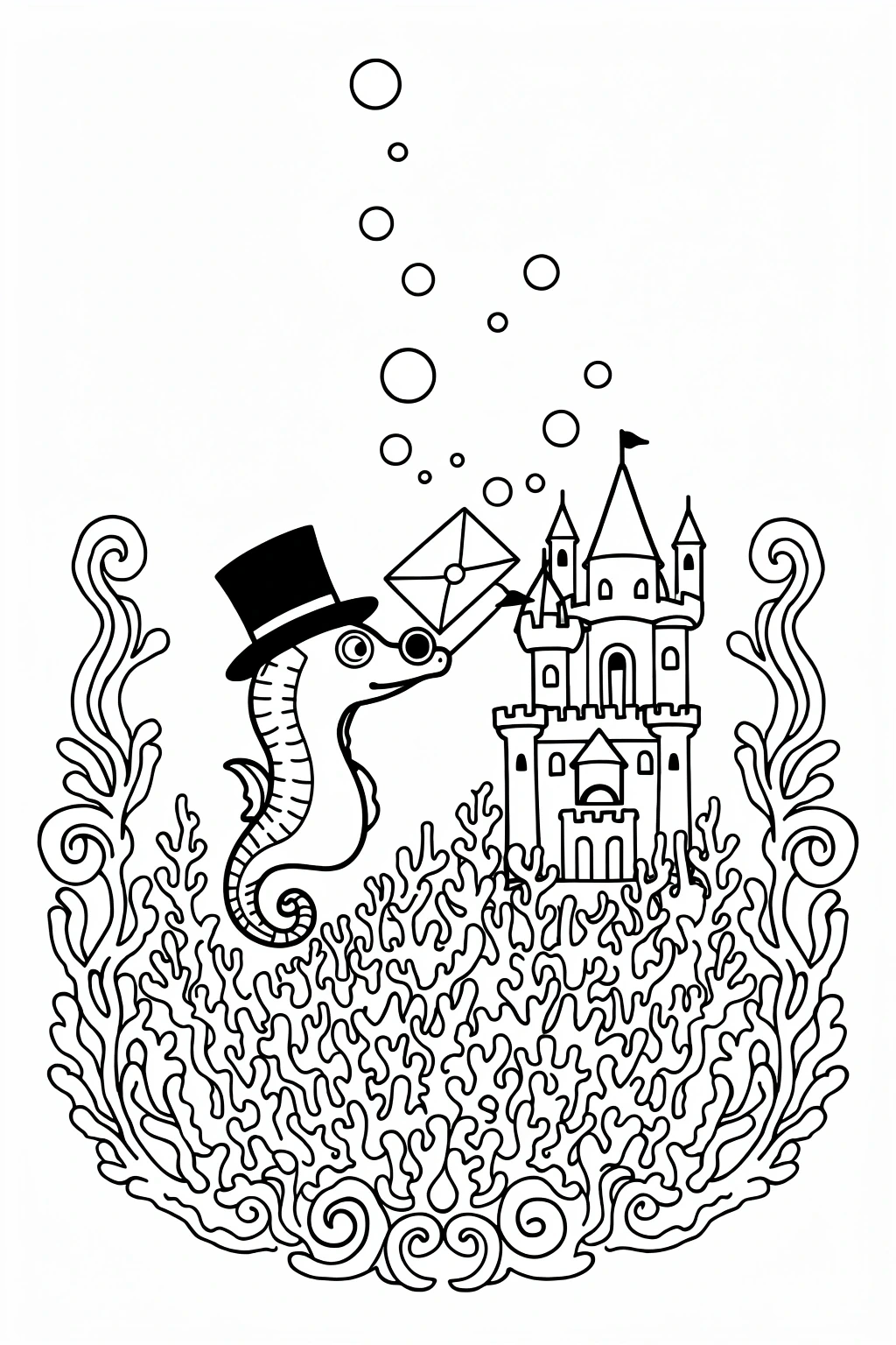 Black-and-white seahorse coloring sheet: detailed coloring page line art of an animal seahorse in a top hat delivering a letter next to an underwater castle, designed for kids' coloring page