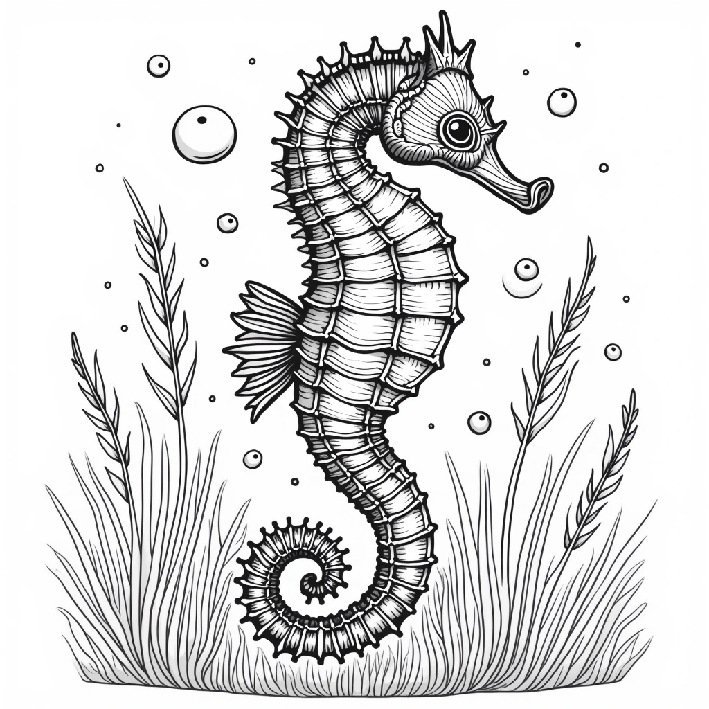 Black-and-white seahorse line art detailed coloring page style with sea grass and bubbles, suitable for kids' coloring page, printable coloring page and coloring sheets.