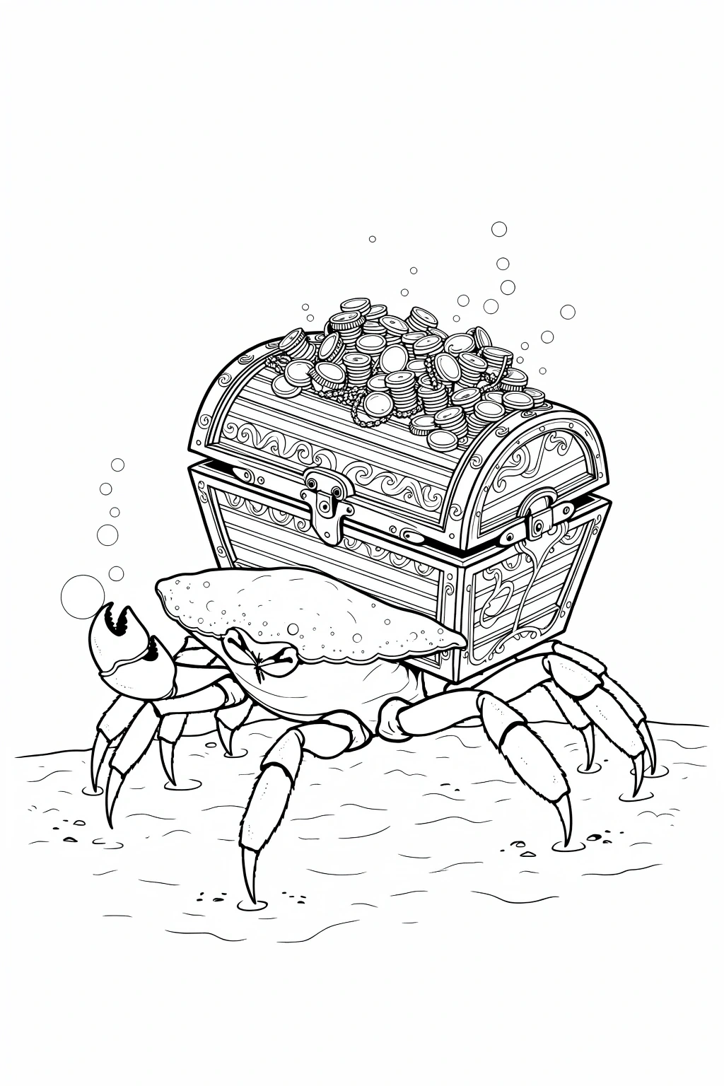 Black and white detailed coloring page of a crab carrying a treasure chest filled with coins, designed for kids and printable coloring page fun.