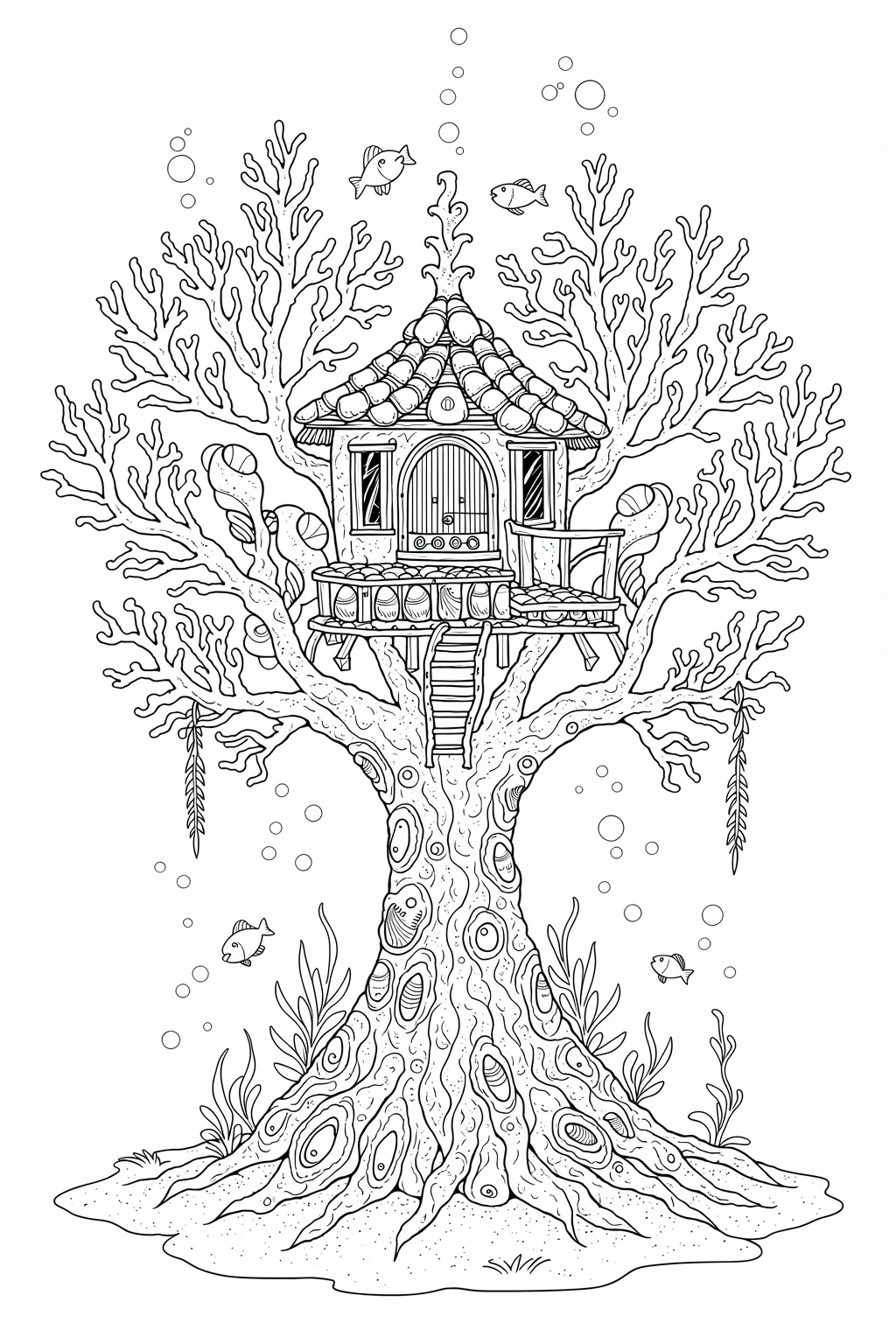 Black-and-white underwater treehouse coloring page with fish and coral branches detailed coloring page, kids' coloring page, printable coloring page, coloring sheets featuring animal and ocean