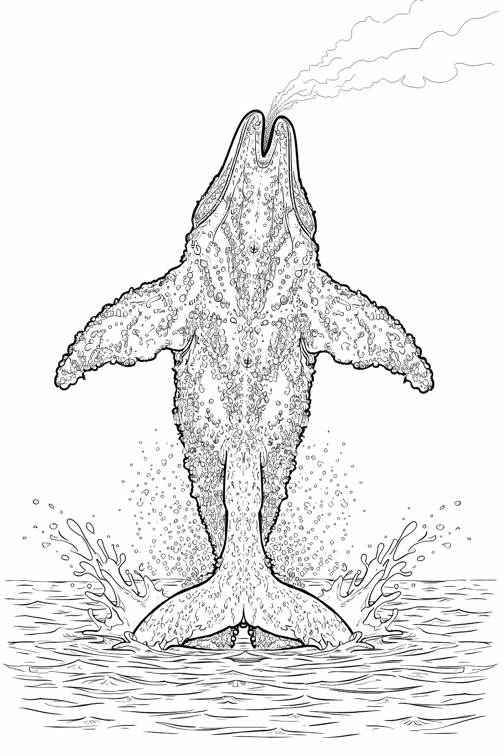 Detailed coloring page of a humpback whale breaching out of the ocean with splashing water.