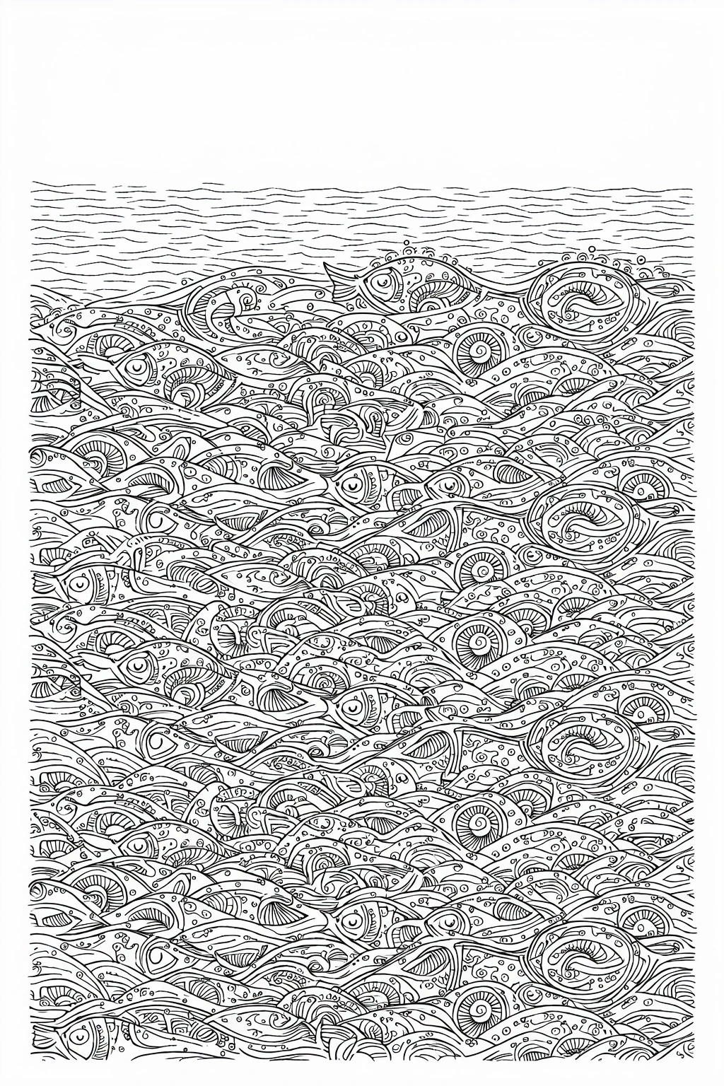 Intricate black-and-white coloring page showing a dense repeating pattern of fish, waves, and shell-like swirls in the ocean.