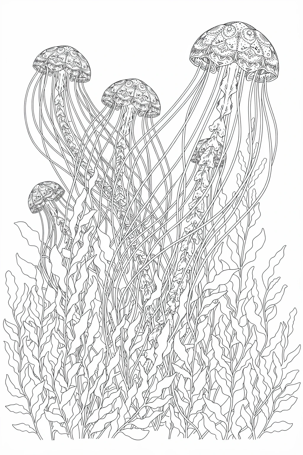 Black and white line art of three large jellyfish floating among tall sea plants, designed as detailed coloring page for kids and printable coloring sheets with an animal theme.