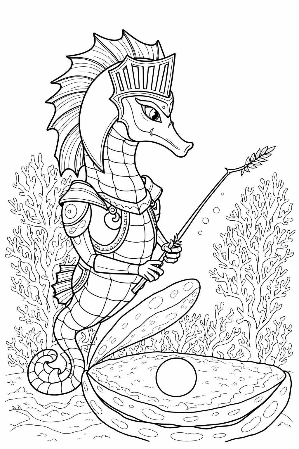 Black and white detailed coloring page of a magical seahorse knight holding a spear underwater near coral and seashells, a fun animal design for kids and printable coloring page.