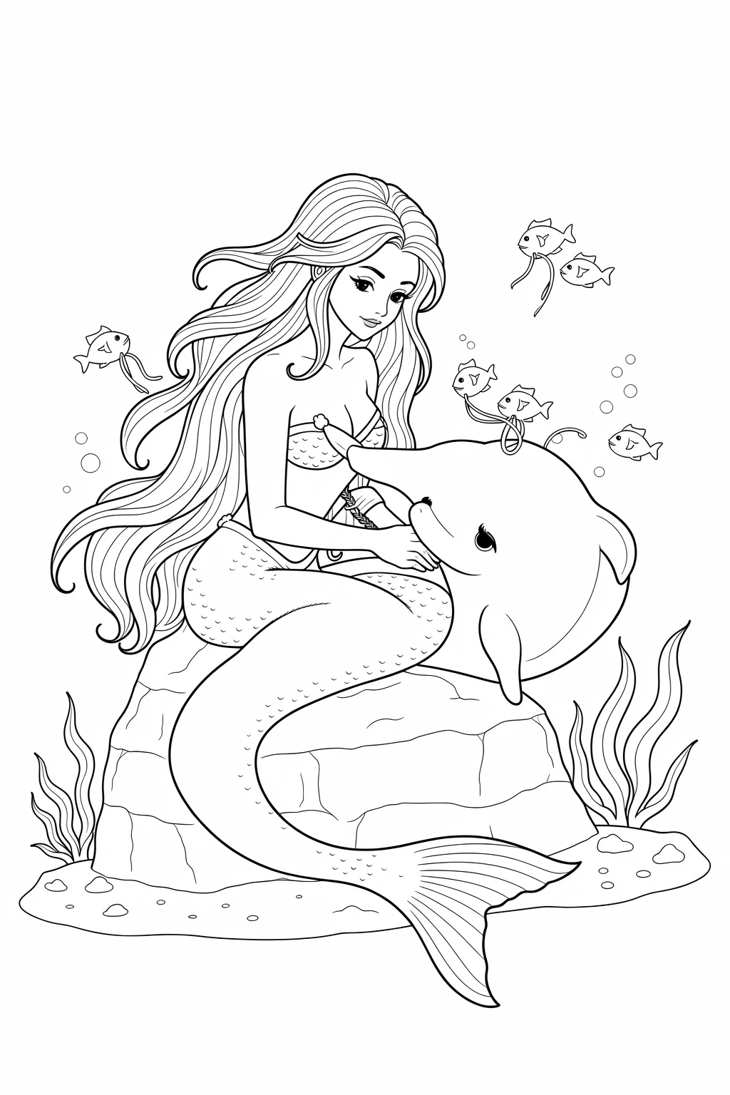 Black and white coloring page of mermaid sitting on a rock and gently touching a dolphin, with small fish, bubbles, and sea plants around them