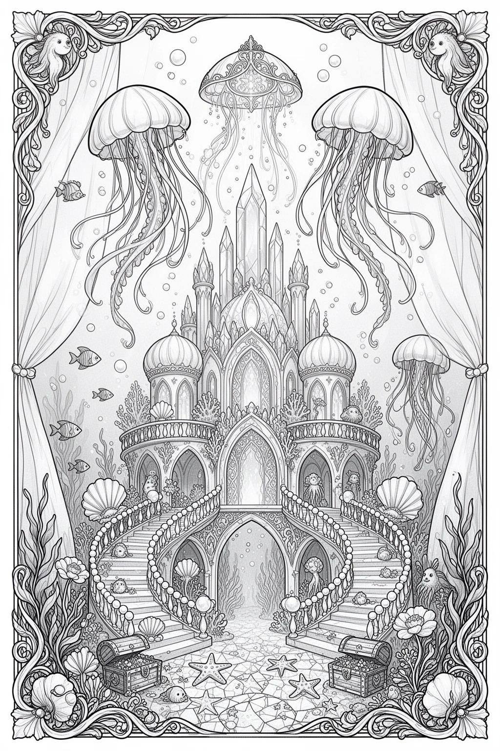 Intricate coloring page of an underwater jellyfish palace with large jellyfish, fish, seashells, coral, and ornate ocean architecture.